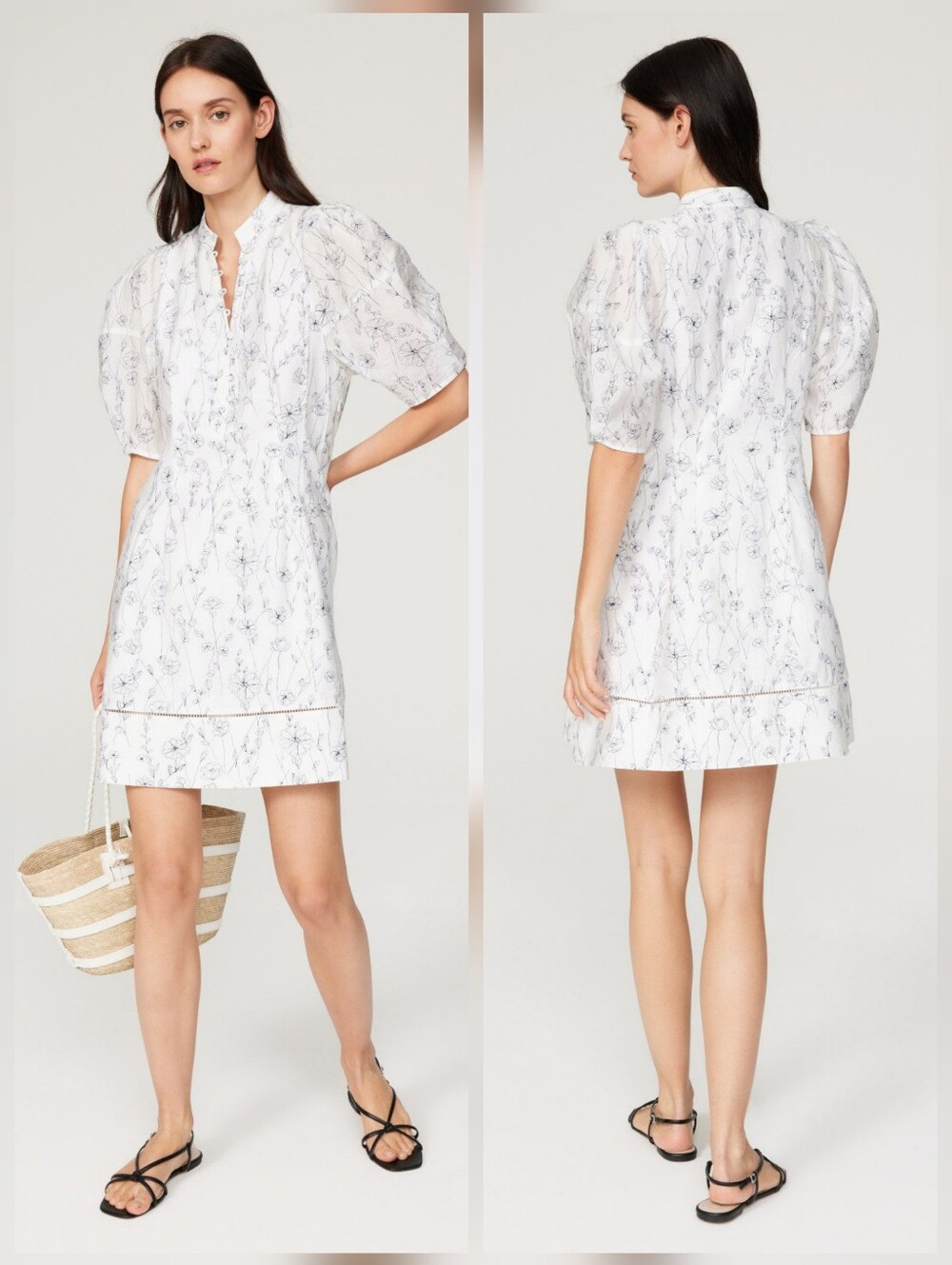 Club Monaco Floral Balloon Sleeve Dress White floral lyocell Hourglass Size 8